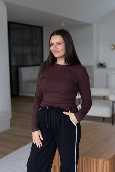 Lola rib long sleeve top - Brown